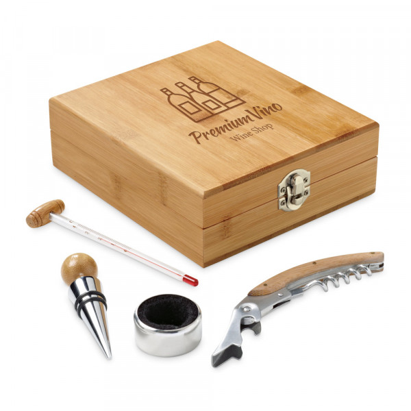 Kit de vinho com 4 itens em caixa de bambu