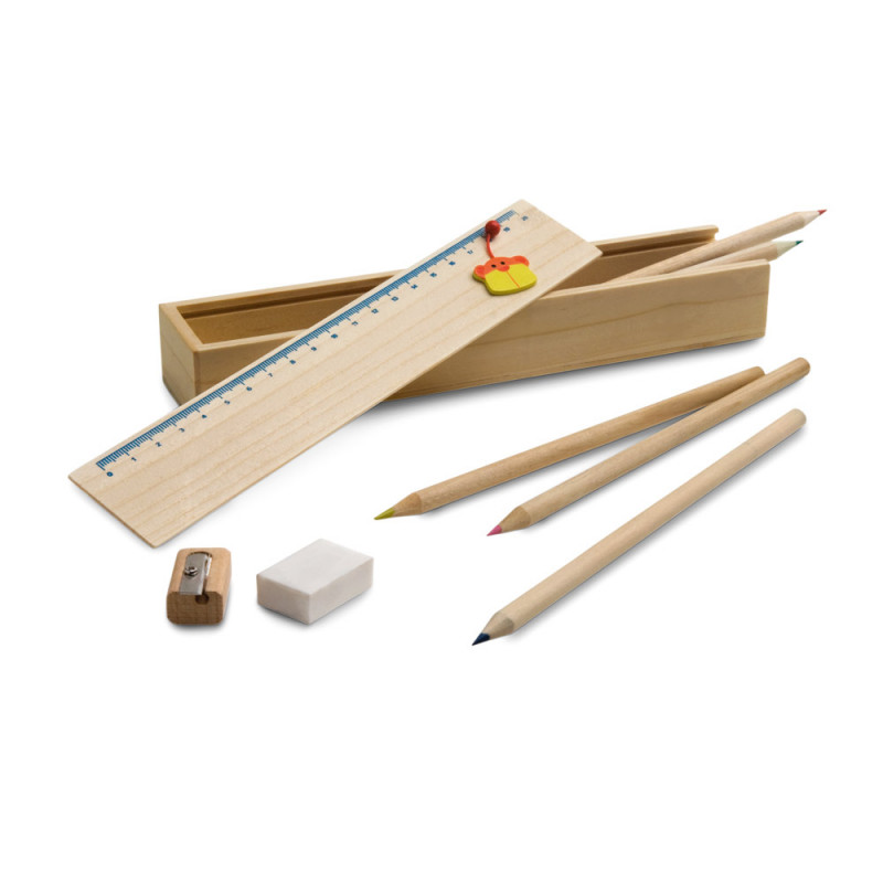 kit escolar, com estojo, lápis, apontador e borracha em madeira