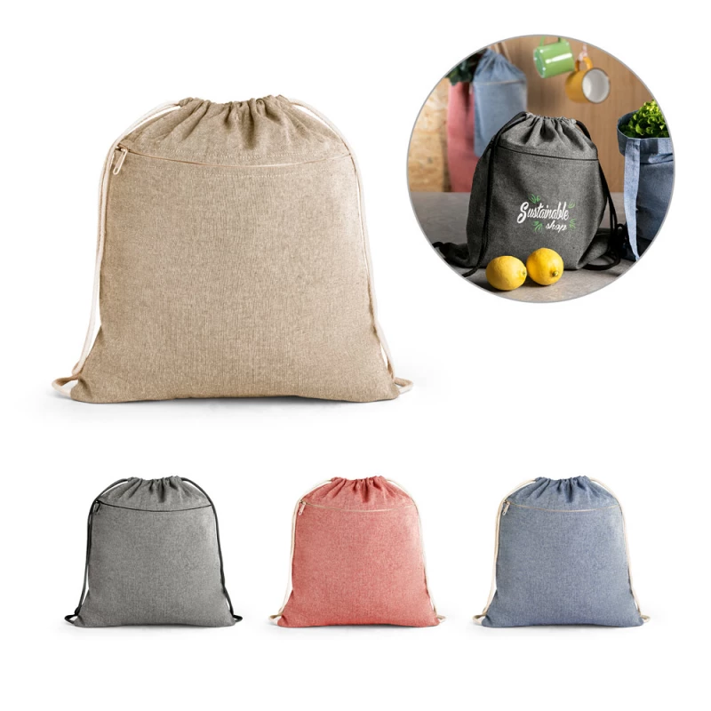 sacola tipo mochila em algodão reciclado