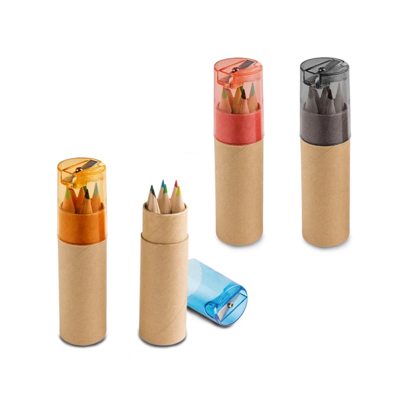 estojo com lápis de cor com 6 cores e apontador