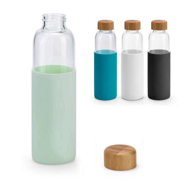 garrafa em vidro com tampa em bambu 600ml-verde claro
