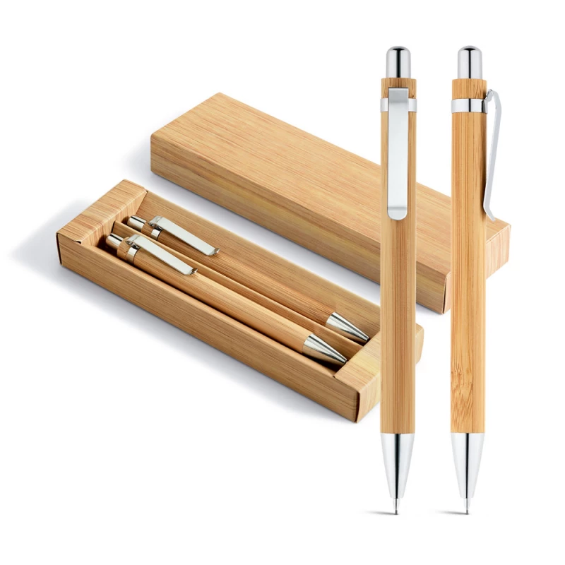 conjunto ecologico com caneta, lapiseira em estojo