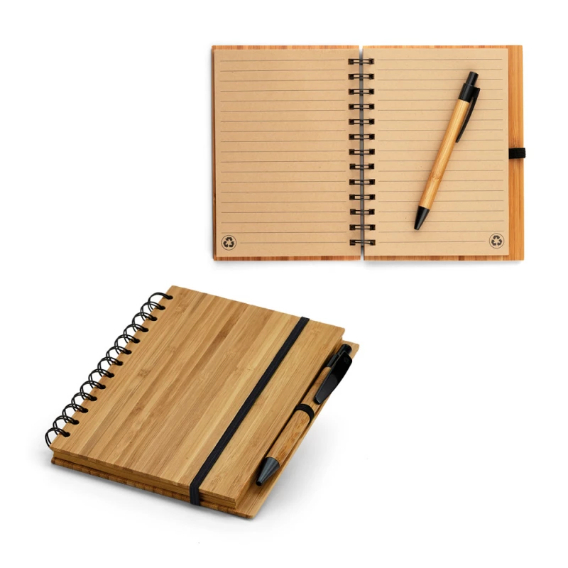 caderno ecológico com capa dura em bambu e caneta