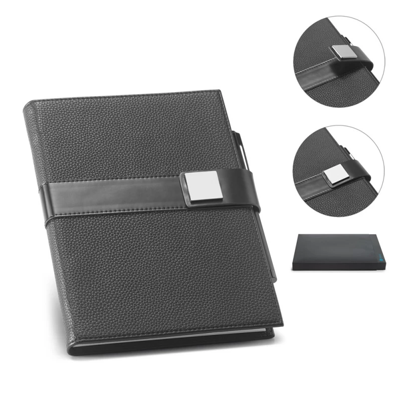 caderno a5 com capa dura em couro e detalhe metálico branve®