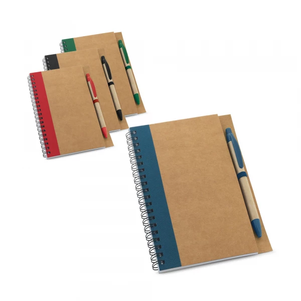 caderno b6 com folhas recicladas e caneta eco