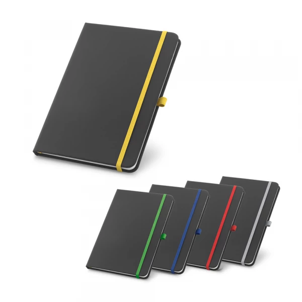 caderno com separador, elástico e suporte de caneta