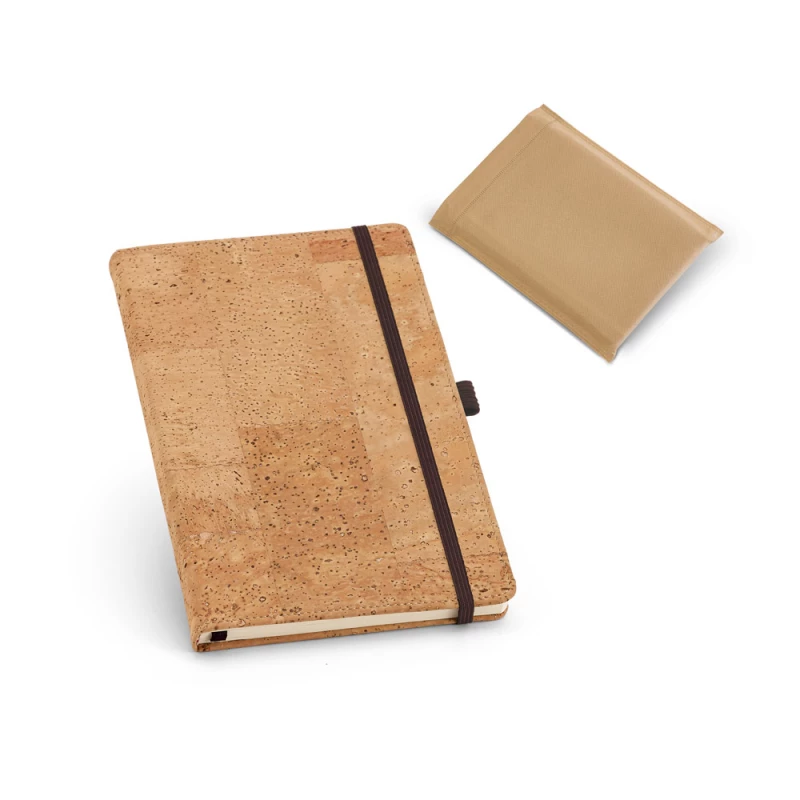 caderno a6 ecológico com capa em cortiça e elásticos